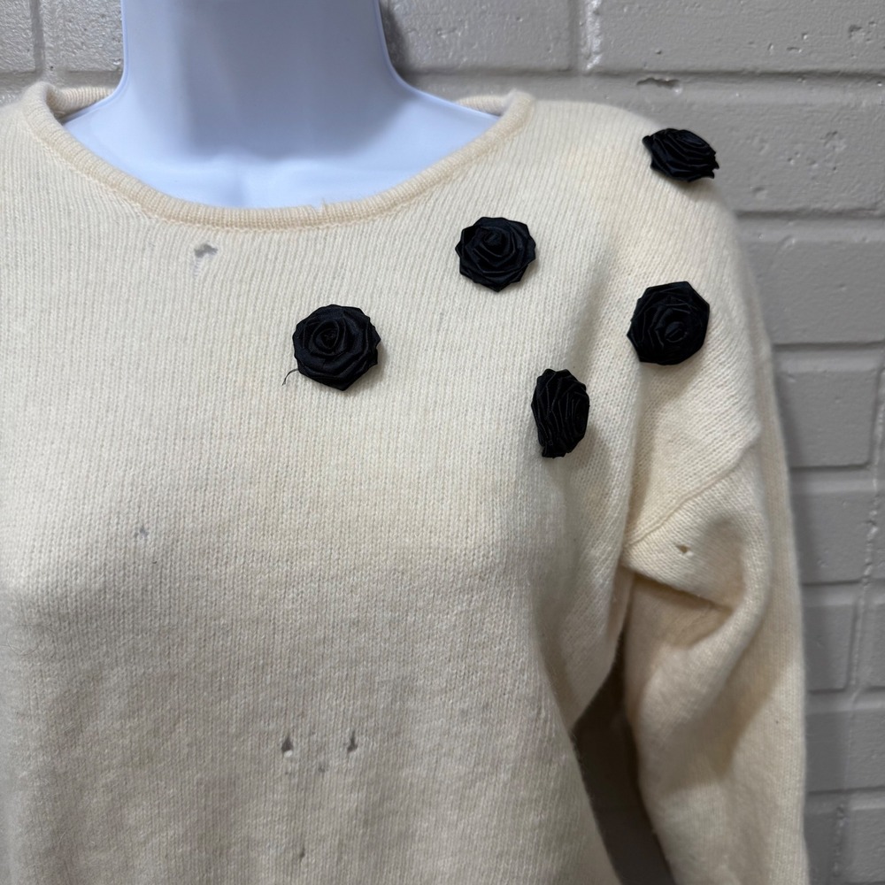 Vintage Angora Lambswool Satin Rosette Sweater Cream Distressed‎ Medium Holes - Picture 2 of 12